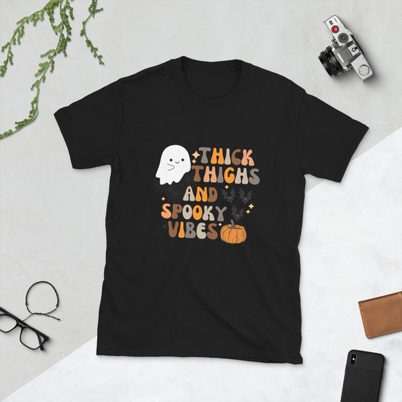 Thick Thighs and Spooky Vibes Fall Halloween Short Sleeve Crewneck Tee Shirt XL - Picture 1 of 3